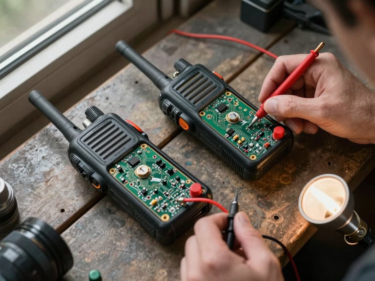 Close-up overhead bench documentation shot of two disassembled Motorola portable two-way radios laid open on a worn workbench surface, internal circuit boards exposed, a pair of steady hands holding a multimeter probe to a solder point, natural window light from the left, tungsten accent from a bench lamp at lower right