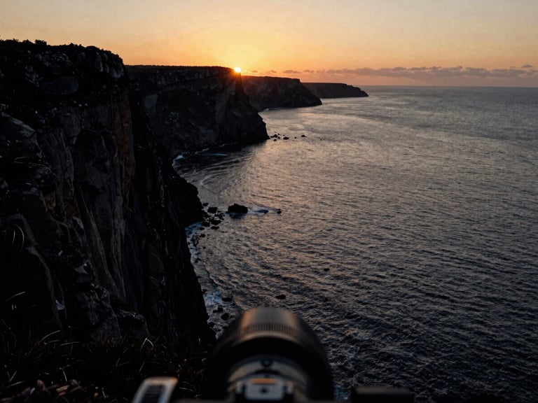 POV looking over a dramatic coastal cliff at sunset, a professional camera lens visible in the lower corner, high contrast, cinematic 35mm film style.