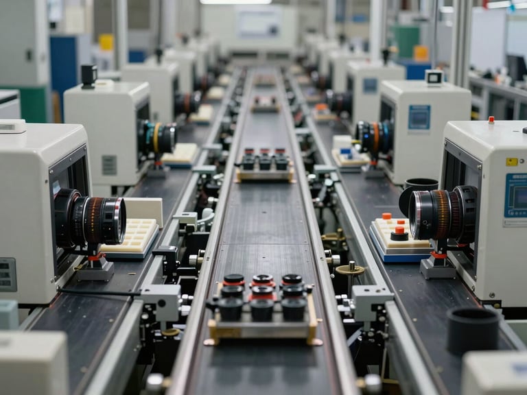 Straight-on view of a factory production line with machinery in orderly rows, products at various assembly stages visible on conveyors, neutral studio-grade lighting with no harsh shadows, no people, clean industrial environment