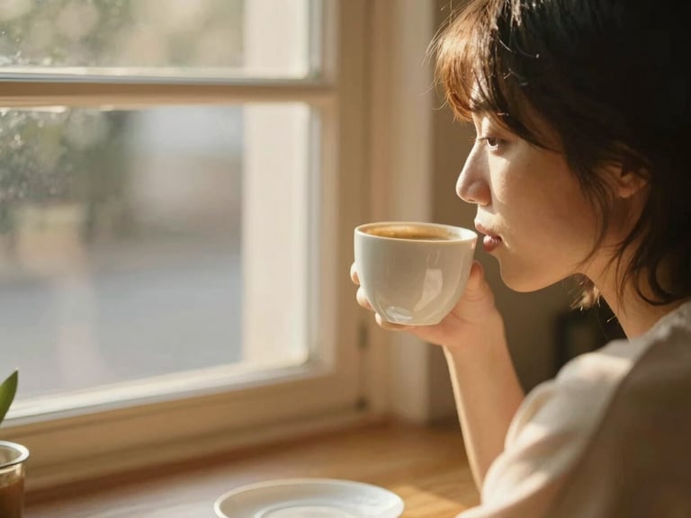 Warm editorial photography of a person drinking coffee by a sunlit window, looking relaxed, soft golden-hour lighting, shallow depth of field, 35mm