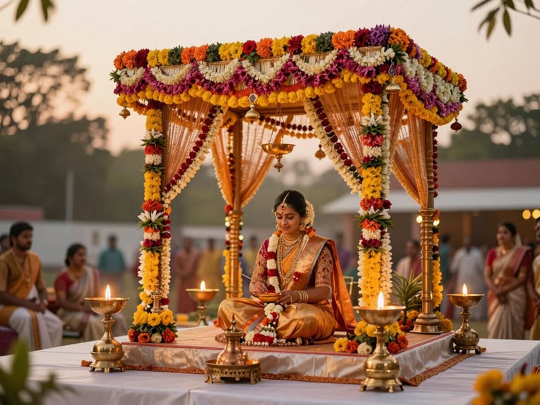 Wide shot of a beautifully decorated traditional South Indian wedding mandap with vibrant floral arrangements and brass lamps, golden hour light, shallow depth of field.
