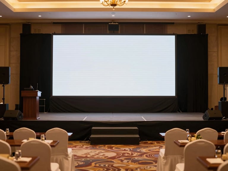 Medium shot of a well-organized corporate event stage with a clear presentation screen and elegant seating arrangements in a local Mysuru venue, ambient event lighting.