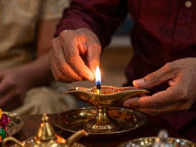 Close-up of hands lighting a traditional brass lamp during a family celebration, warm ambient light, rich saturated jewel tones, shallow depth of field.