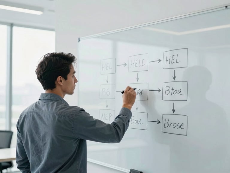 Over-the-shoulder view of an executive sketching a process flow on a whiteboard in a modern, minimalist office, bright natural daylight, cool desaturated blue and gray tones.