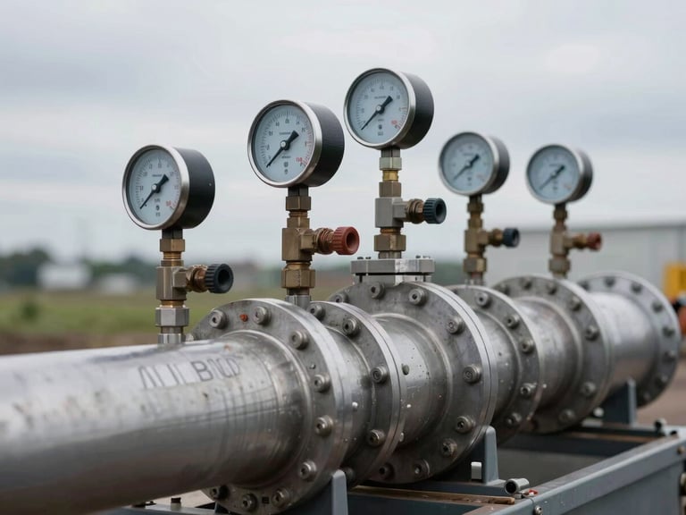 Tight macro shot of industrial steel manifolds, digital flow meters, and pressure gauges on a Chinook tailings unit, overcast field lighting.