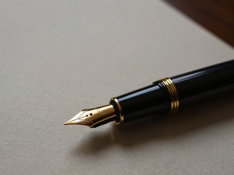 Extreme close-up of a high-end gold fountain pen resting on heavy textured paper, dramatic low-key lighting with deep shadows, classic boardroom atmosphere.