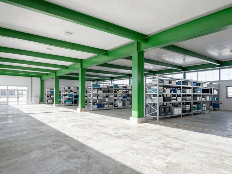 Wide architectural view of a bright, modern, high-tech logistics hub with clean concrete floors, emerald green structural accents, and organized high-bay shelving under natural daylight, 35mm