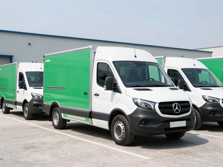 A modern delivery vehicle fleet parked in a clean, bright logistics bay, high-key natural daylight, emerald green detailing, sharp focus