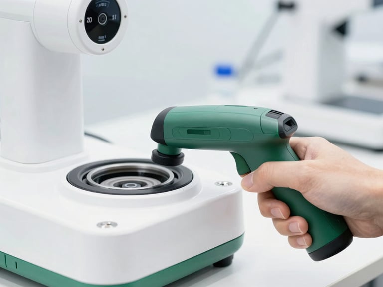 Close-up of a technical component being scanned with a digital barcode reader in a clean modern facility, bright white studio light, sharp focus