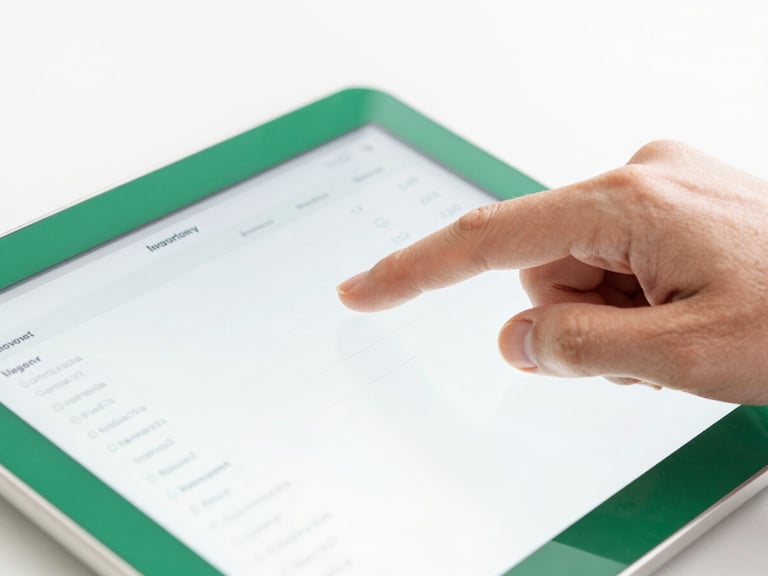 Close-up of a hand tapping a clean tablet screen showing technical inventory data, bright high-key white daylight, emerald green accents, sharp focus