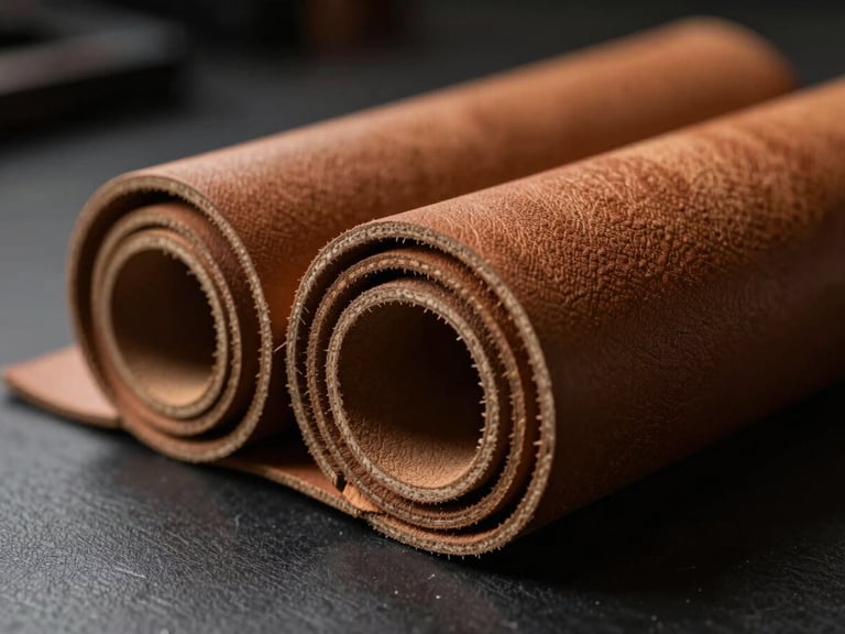 Macro shot of authentic Alcantara and full-grain Nappa leather rolls resting on a dark workbench, dramatic side lighting highlighting the rich textures
