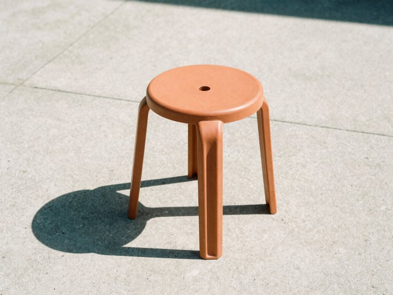 Low-angle architectural shot of a single terracotta-colored resin stool casting a sharp shadow on raw concrete under harsh midday sun, medium format film