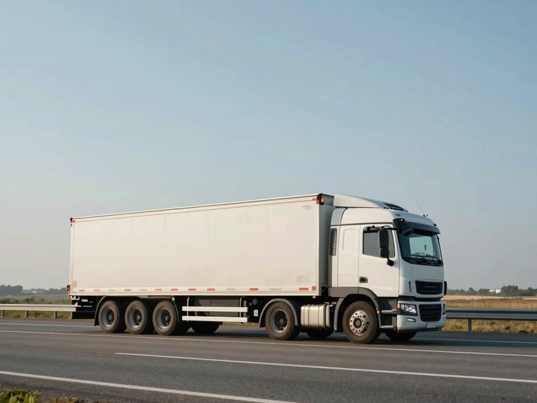 Side-profile environmental shot of a commercial fleet truck on a wide open highway, natural daylight, low horizon, truck sharp against a pale blue sky, asphalt stretching into the distance