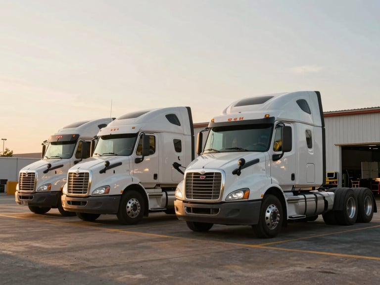 Wide environmental shot of a fleet yard at golden hour, two semi-trucks parked in formation, a driver visible walking toward the cab, warm directional light across the scene, open sky above