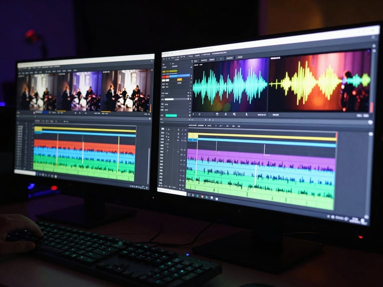 Close-up of a professional editing workstation in a dark mobile production suite, dual monitors displaying color-graded event footage, waveforms and timeline visible, dramatic backlighting from the screens, sharp focus on the keyboard and color grading panel