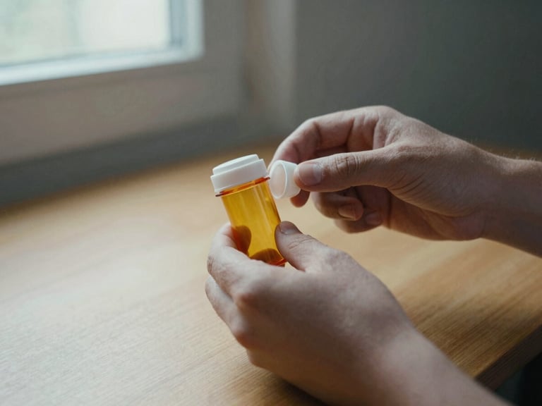 Close-up of hands holding a small amber prescription bottle, soft natural morning light from a window casting gentle shadows on a wooden table, honest documentary style, 35mm.