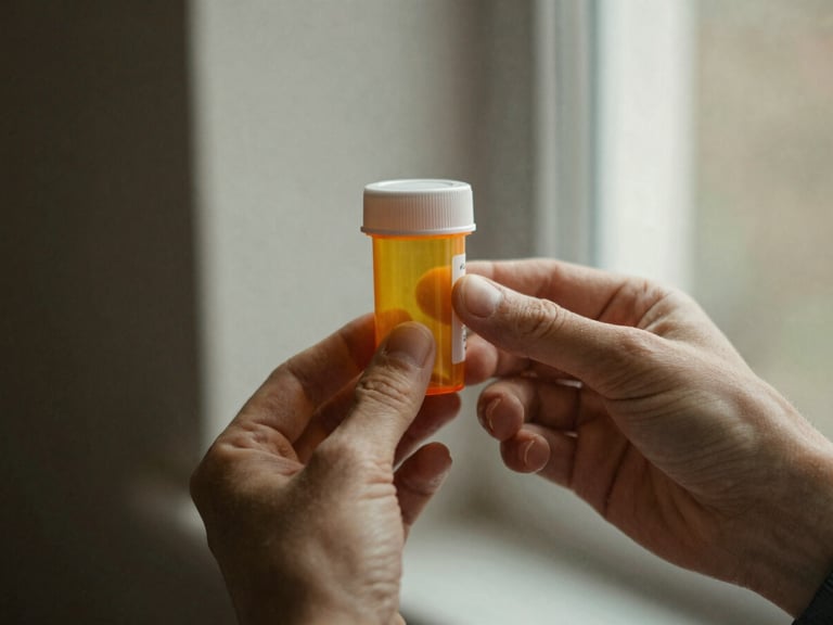 Close-up of hands holding a prescription bottle under soft window light, warm muted tones, highly detailed, 35mm photography.