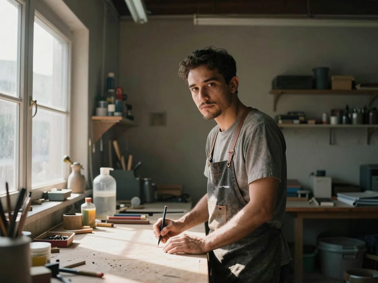 Wide-angle environmental portrait of a local artisan working in a dimly lit workshop, natural light streaming from a side window, looking directly at the camera.