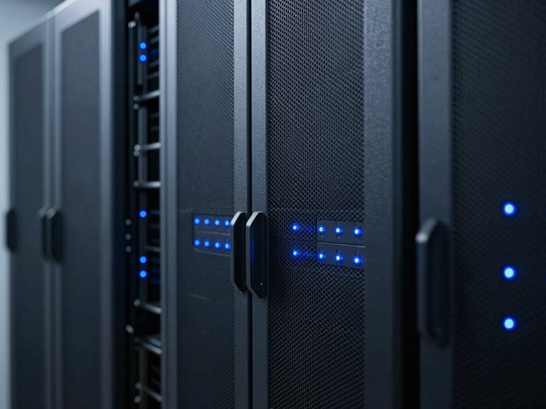 Close-up of server racks with subtle electric blue indicator lights, clean, modern, cool crisp studio lighting, deep slate tones.
