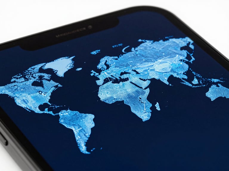 Close-up of a mobile device screen showing a world map with interconnected nodes, cool crisp studio lighting, deep slate and electric blue tones, sharp macro focus.