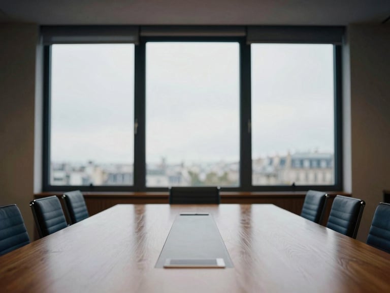 Minimalist corporate boardroom in Paris with large windows, quiet interior light, polished wood table reflecting soft overcast sky.