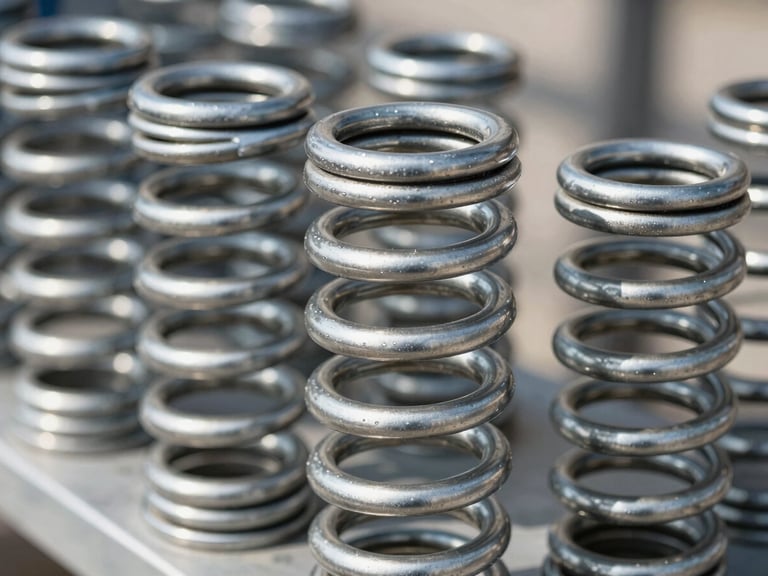 Close-up of heavy-duty steel garage door torsion springs, bright natural daylight, clean industrial steel tones, detailed focus, 35mm lens.