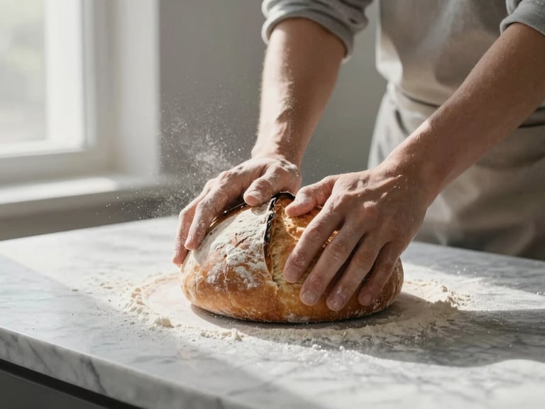 Hands kneading sourdough bread on a cold marble counter, soft diffused morning light from a side window, flour dust suspended in the air, Scandinavian aesthetic.