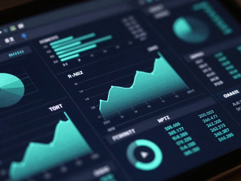 Sleek tech photography, cool studio lighting, macro focus on a clean digital interface displaying real-time predictive data graphs in obsidian and electric teal tones.