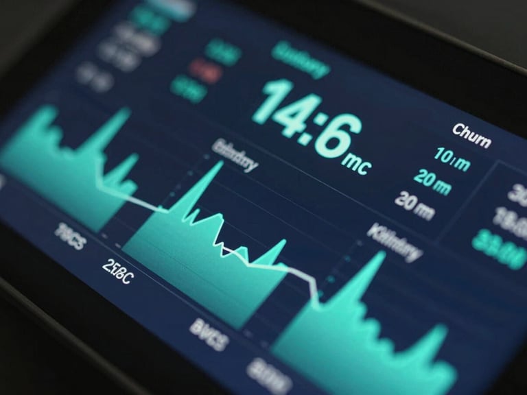 Macro close-up of a high-fidelity digital dashboard showing predictive customer churn metrics, dark obsidian interface, glowing electric teal charts, sharp focus
