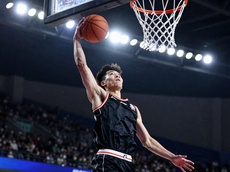 Tight action crop of a young basketball player in mid-air, eyes focused on the rim, dramatic side-lit stadium lights, high contrast athletic tones, action freeze-frame.