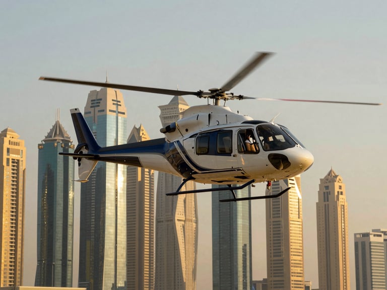 A luxury helicopter flying high above the Palm Jumeirah in Dubai, bright daylight reflecting off the modern glass towers, high contrast, cinematic framing