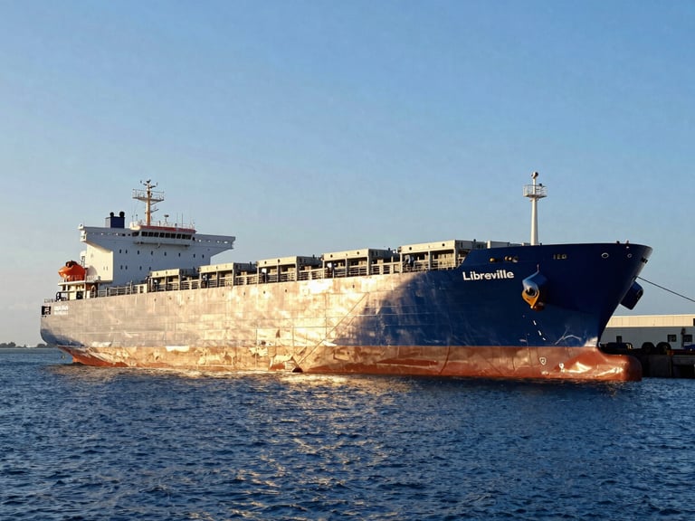 Wide-angle environmental shot of a massive cargo ship docked at the Port of Libreville, bright natural daylight, deep blue water, golden sunset reflection on the hull, sharp focus, 35mm