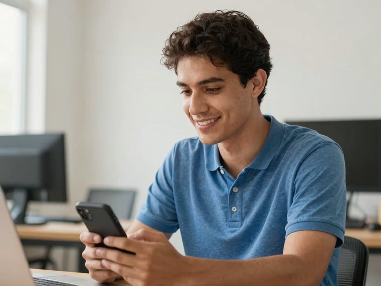 Homem brasileiro em seu ambiente de trabalho, com um olhar confiante e tranquilo ao usar o celular, luz natural, tons de azul e dourado.