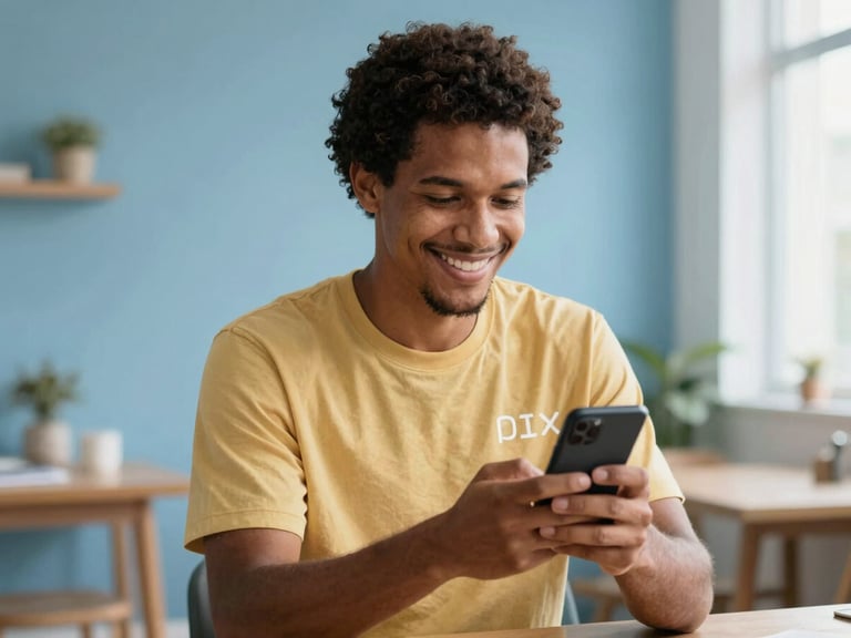 Trabalhador brasileiro sorrindo, segurando o celular e vendo a notificação de Pix recebido, em um ambiente cotidiano, tons de azul e dourado.