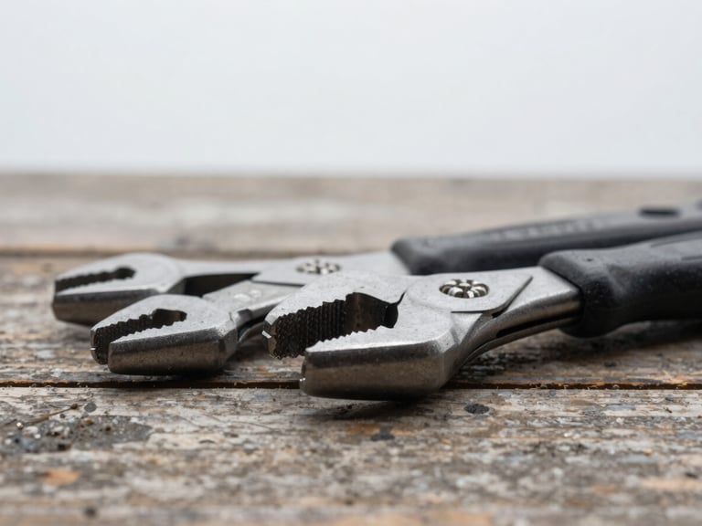 Macro close-up of clean steel hand tools resting on a weathered wooden workbench, flat overcast Oregon daylight, desaturated slate tones, sharp focus, 50mm