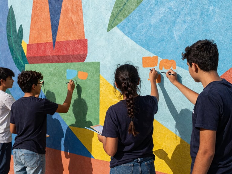 Teenagers painting a vibrant mural on a community wall, collaborating in natural high-contrast daylight, dynamic framing, authentic colors.