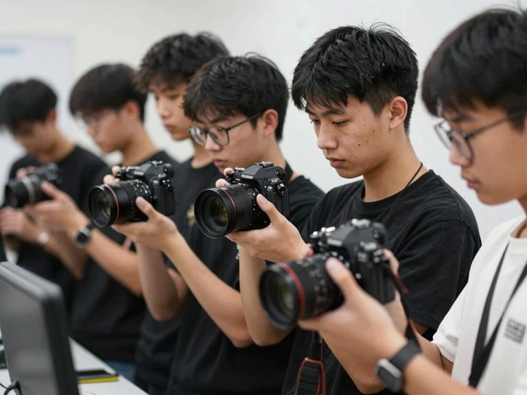 Young people actively engaged in a mobile media lab, hands on professional camera gear, high-contrast natural daylight, focused expressions, shallow depth of field.