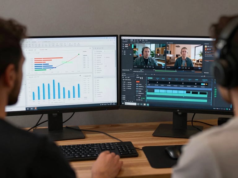 Over-the-shoulder view of a digital creator's dual-monitor workspace, showing a clean analytics dashboard with performance charts on one screen and a video editor timeline on the other, cool studio lighting
