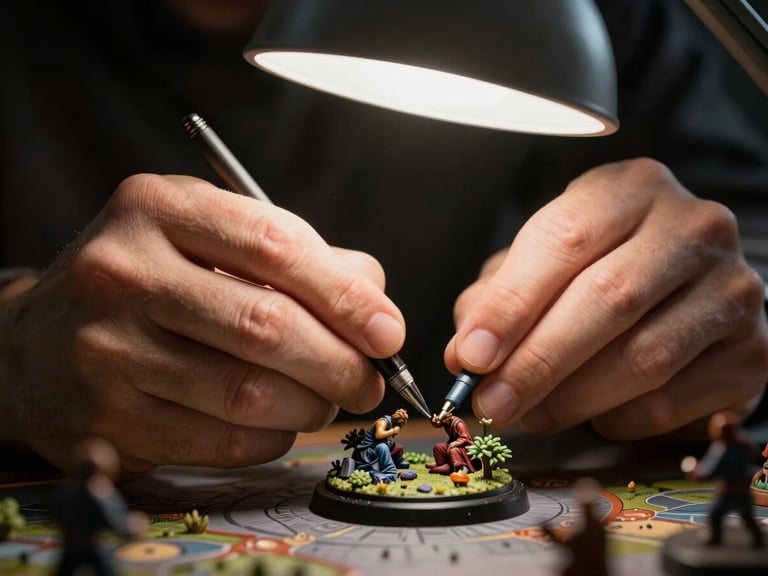 A tight macro shot of hands carefully painting a detailed tabletop gaming miniature under a focused desk lamp, high contrast, dark background.