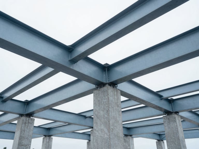 Cool architectural photography of structural steel beams meeting concrete columns, bright overcast daylight, desaturated blue tones, wide-angle lens