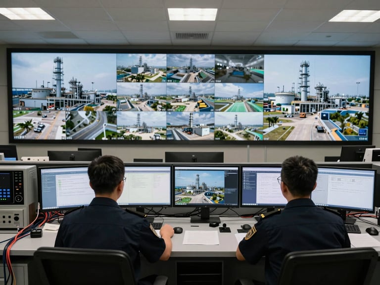 Wide environmental shot from above and behind a security command room: two uniformed operators seated at a multi-monitor surveillance console displaying live camera feeds of industrial sites, clinical overhead lighting, equipment cables and communication gear visible in the foreground, no smiling or posed positions — strict operational focus