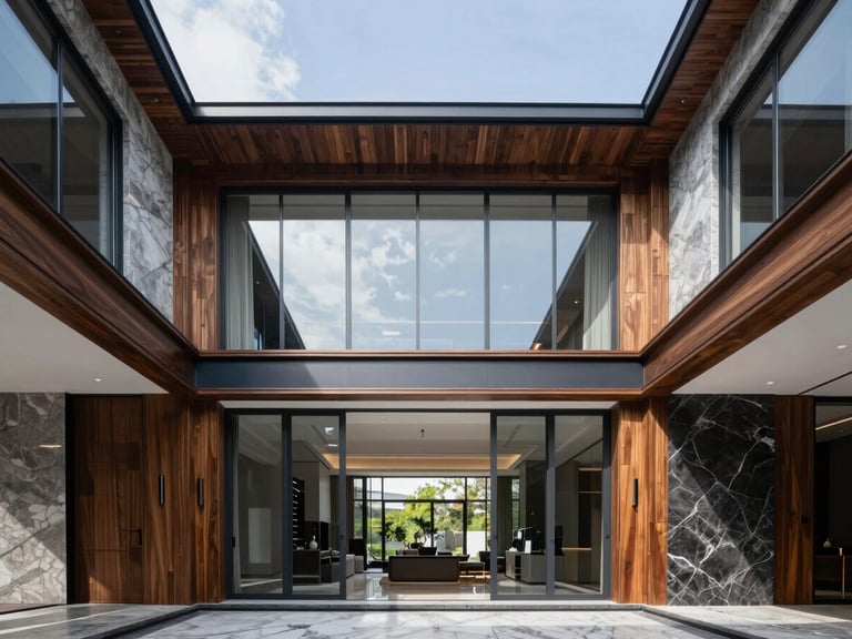 Crisp natural daylight illuminating a modern luxury home interior with premium wood and marble finishes, architectural symmetry, 35mm