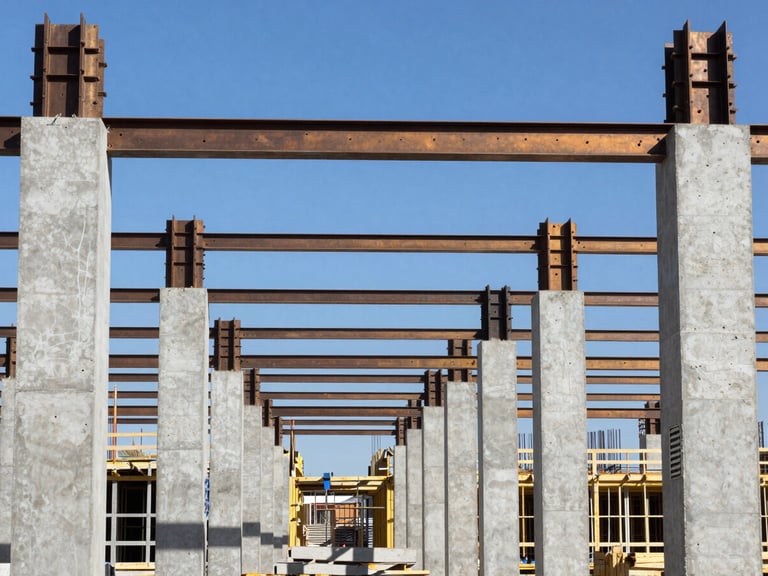 An organized, clean modern construction site with concrete pillars and steel frames under a clear blue sky, geometric leading lines, bright daylight