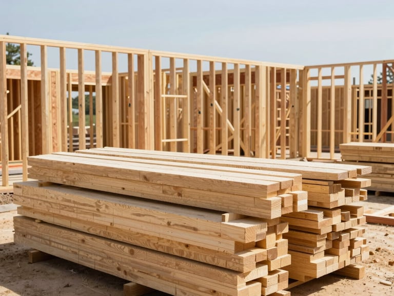 Organized residential construction site, showing clean framing and a neatly stacked pile of new lumber, bright natural daylight, high-end residential, 35mm lens