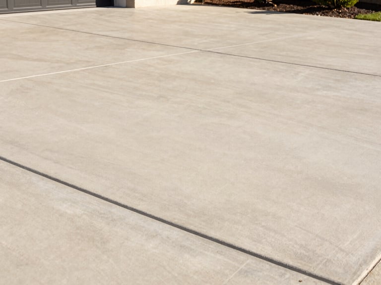Crisp architectural photo of a newly poured, smooth concrete driveway with clean edges, bathed in bright southern daylight, high-end residential, 35mm lens