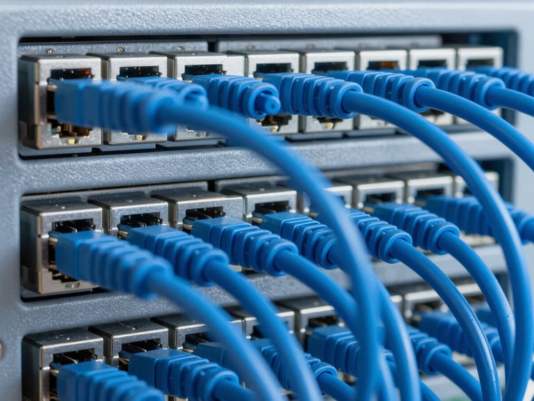 Macro detail of high-density fiber optic patch panel, clean blue cabling, cool technical lighting, sharp focus, 35mm