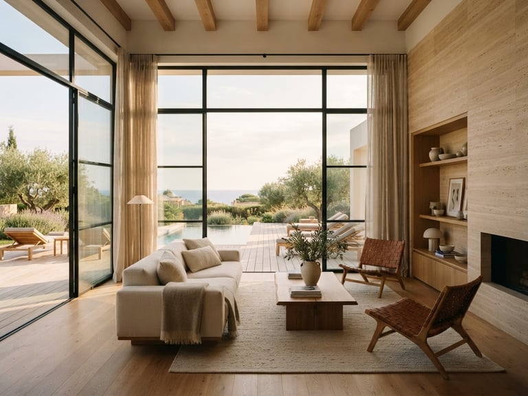 Elegant modern villa interior with soft afternoon sunlight streaming through large floor-to-ceiling windows, minimalist design, rich natural oak wood and travertine stone textures, high-end architecture, 35mm photography