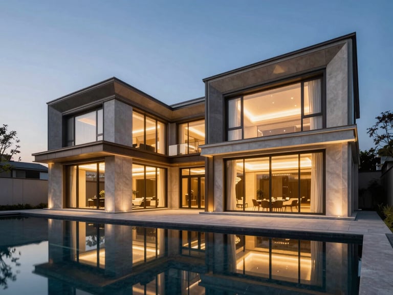 Wide-angle architectural photograph of a modern luxury estate exterior at dusk, sharp geometric lines, warm interior lights glowing through expansive glass facades, reflecting on a perfectly still pool.