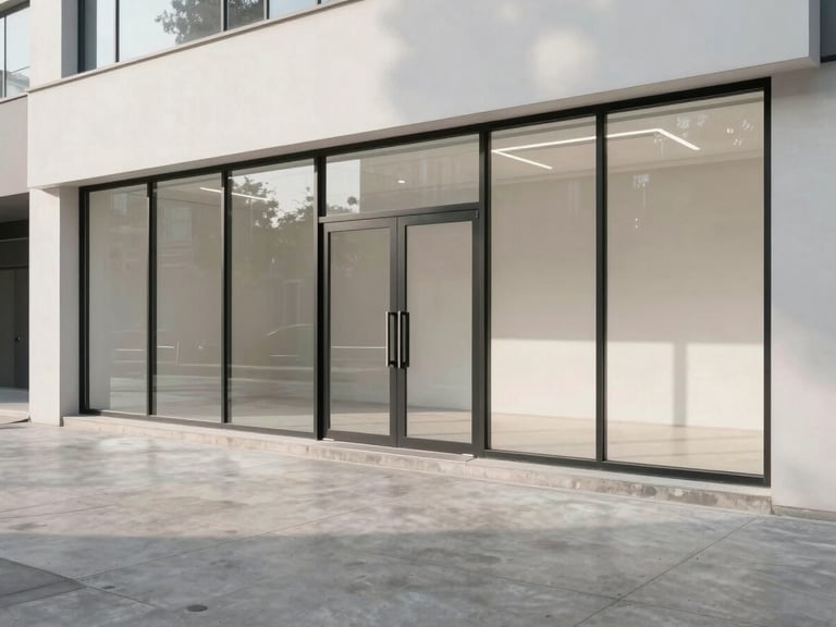 Wide shot of a ground-floor retail unit interior, large glazed shopfront, polished concrete floor, clean even studio-quality daylight, empty unit showing raw architectural shell, neutral and clinical framing