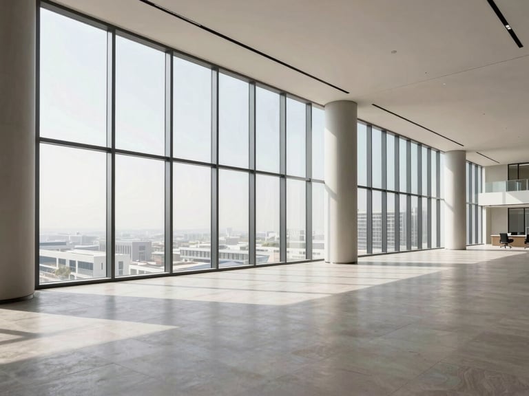 Wide interior shot of a Grade-A office floor plate in Dubai, open plan with floor-to-ceiling glazing, clean even daylight flooding the space, no people, architectural columns visible, neutral finishes shot with clarity